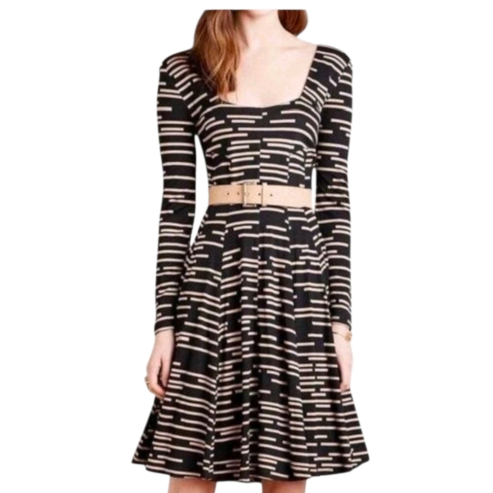 Anthropologie HD In Paris Black And Tan Printed Saraid Swing Dress - Size Small